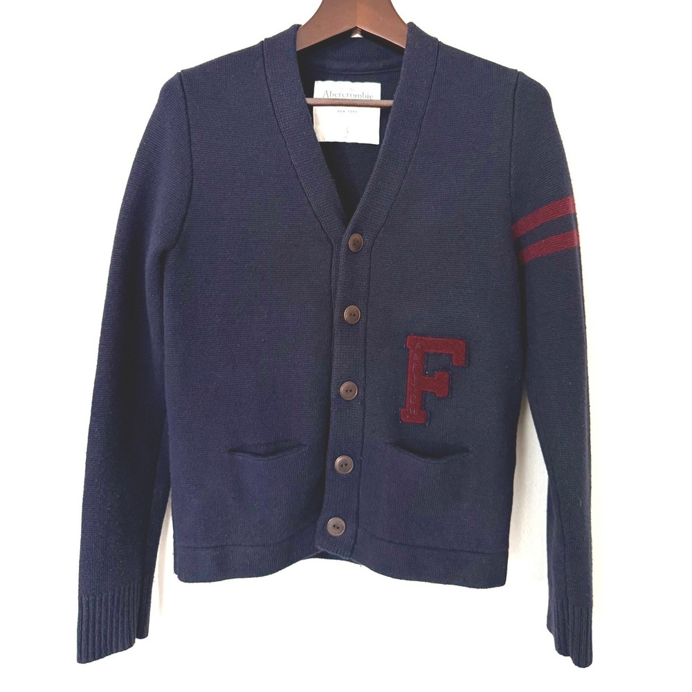 Abercrombie & Fitch Mens Navy Blue Varsity Letterman Cardigan Sweater Large L